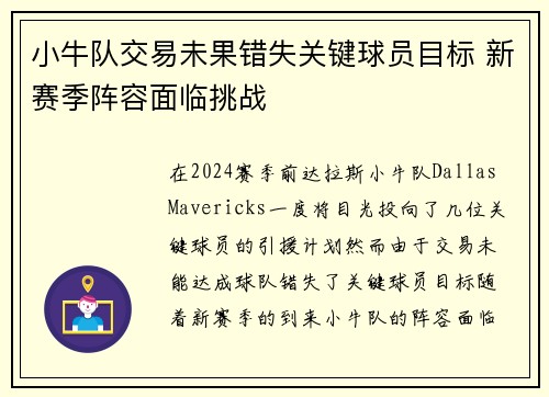 小牛队交易未果错失关键球员目标 新赛季阵容面临挑战