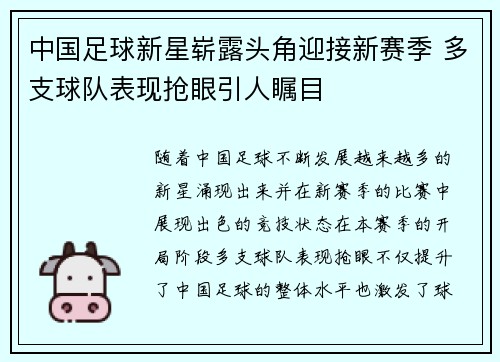 中国足球新星崭露头角迎接新赛季 多支球队表现抢眼引人瞩目