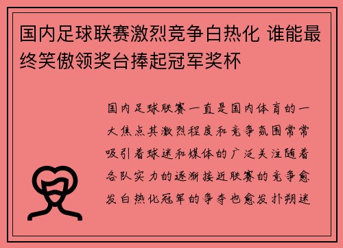 国内足球联赛激烈竞争白热化 谁能最终笑傲领奖台捧起冠军奖杯