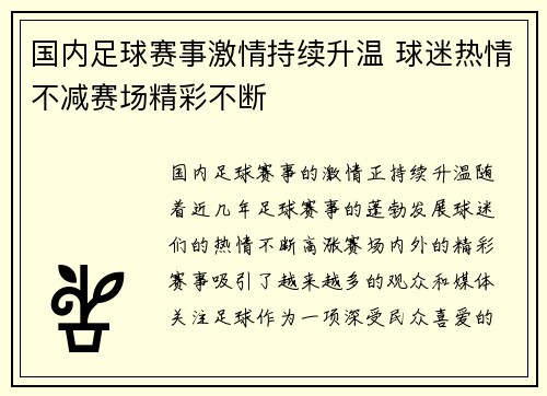 国内足球赛事激情持续升温 球迷热情不减赛场精彩不断