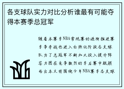 各支球队实力对比分析谁最有可能夺得本赛季总冠军