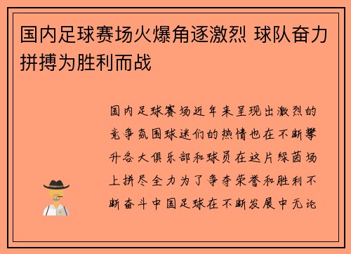 国内足球赛场火爆角逐激烈 球队奋力拼搏为胜利而战