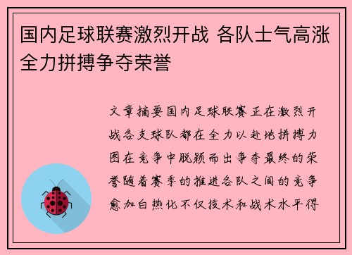 国内足球联赛激烈开战 各队士气高涨全力拼搏争夺荣誉